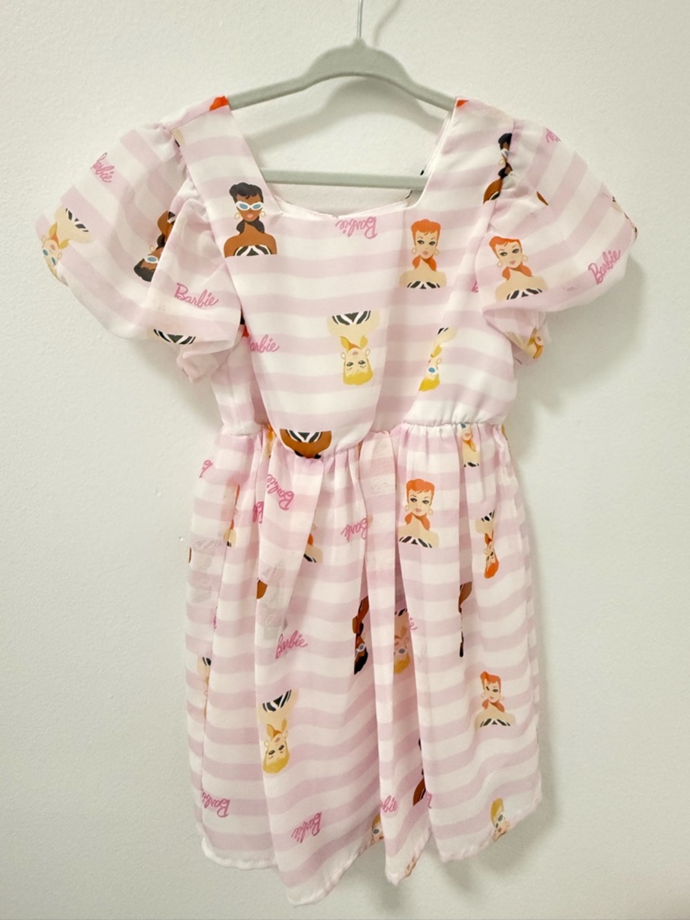 Barbie Pink and White Striped Casual Dress with Character Print